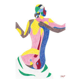 dessin crayons de couleurs femme de dos interpretation peinture classique inspiration Le Paon