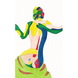 Aquarelle femme de dos peinture classique modernisee couleurs flash couleurs vives inspiration Le Paon