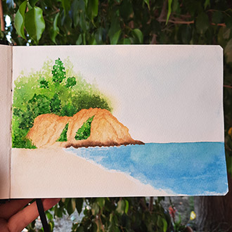 carnet de voyage aquarelle plage La Londe les Maures mer Mediterranee falaise