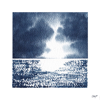 aquarelle paysage ciel et mer  lumire et reflets sur la mer gris de payne et bleu de Prusse
