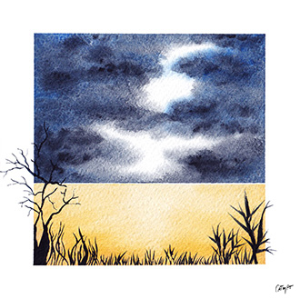 paysage aquarelle ciel et champ jaune  or hors cadre