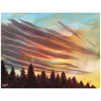 aquarelle paysage soleil couchant sapins inspiration remy lach ciel vibrant