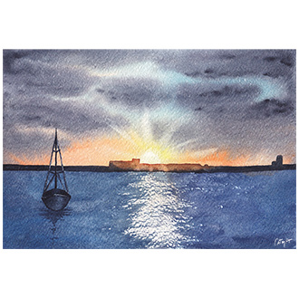 coucher de soleil bord de mer aquarelle etude