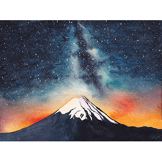Aquarelle Nuit sur le Mont Fuji, Japon, galaxie, peinture volcan, coucher de soleil, CatMat 2022